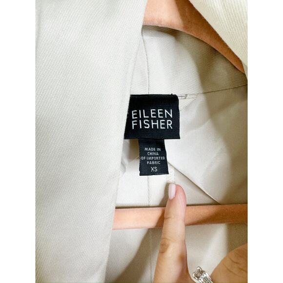 Eileen Fisher Cream Light Gray Trench Coat Jacket Shawl Collar Tie Waisted XS - Picture 4 of 7